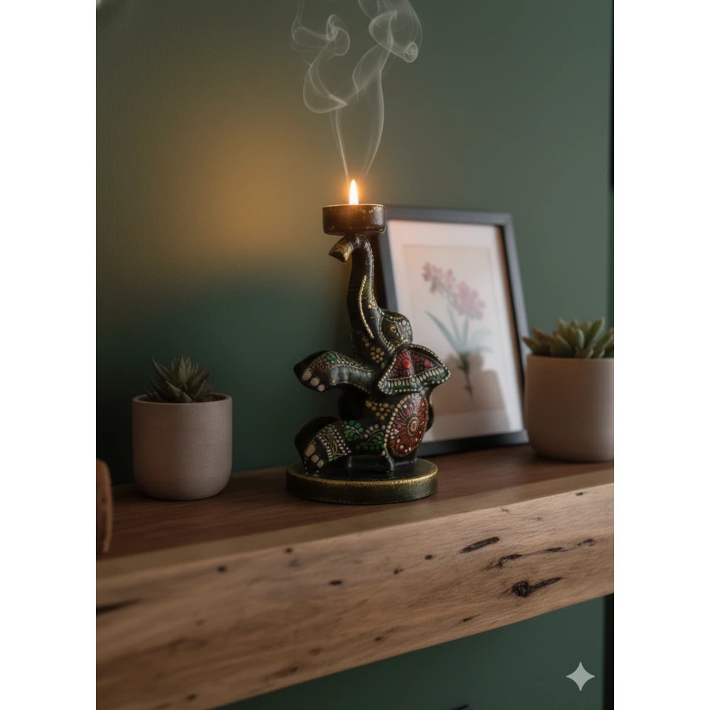 Handcrafted Iron Elephant Tea Light Candle Holder - Decorative Meenakari Painted Diya Stand for Home Decor & Gifting (Set Of 1)