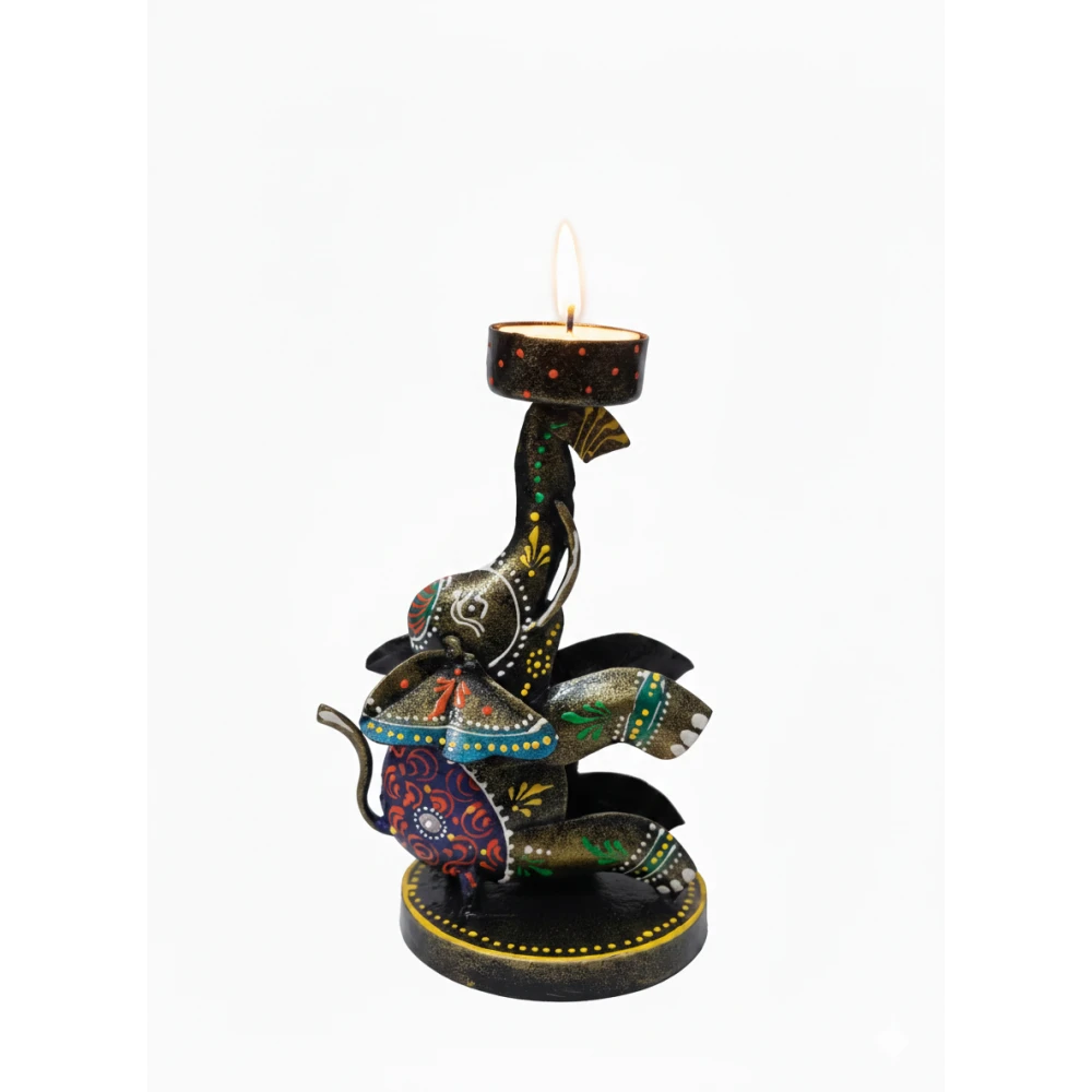 Handcrafted Iron Elephant Tea Light Candle Holder - Decorative Meenakari Painted Diya Stand for Home Decor & Gifting (Set Of 1)