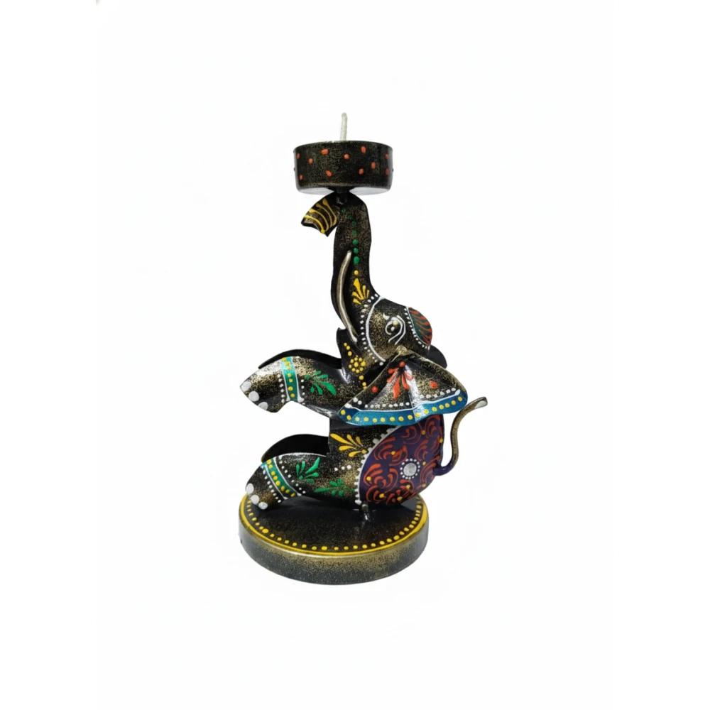Handcrafted Iron Elephant Tea Light Candle Holder - Decorative Meenakari Painted Diya Stand for Home Decor & Gifting (Set Of 1)