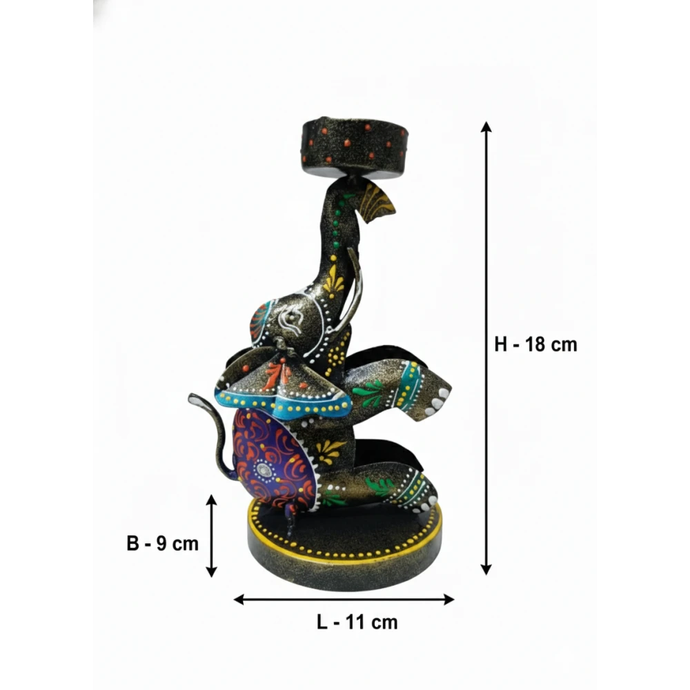 Handcrafted Iron Elephant Tea Light Candle Holder - Decorative Meenakari Painted Diya Stand for Home Decor & Gifting (Set Of 1)