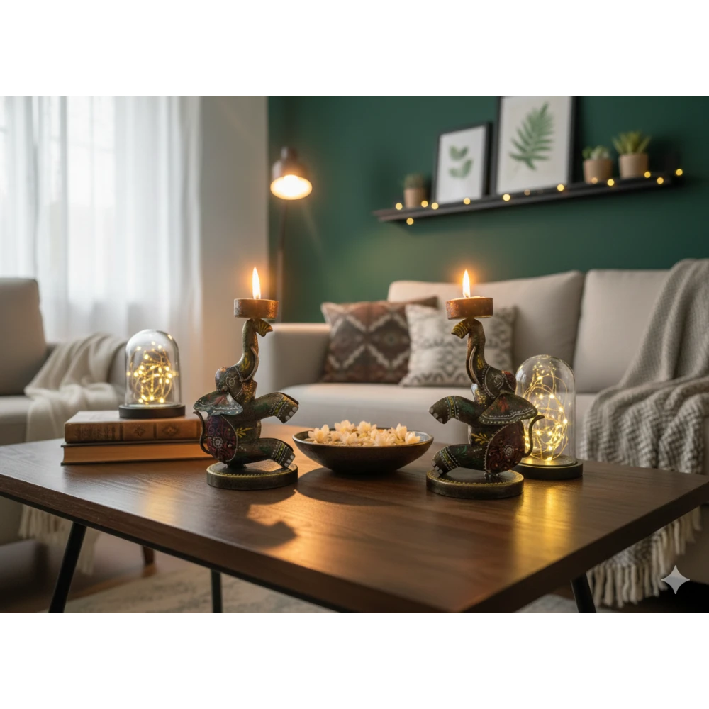 Handcrafted Iron Elephant Tea Light Candle Holder - Decorative Meenakari Painted Diya Stand for Home Decor & Gifting (Set Of 2)