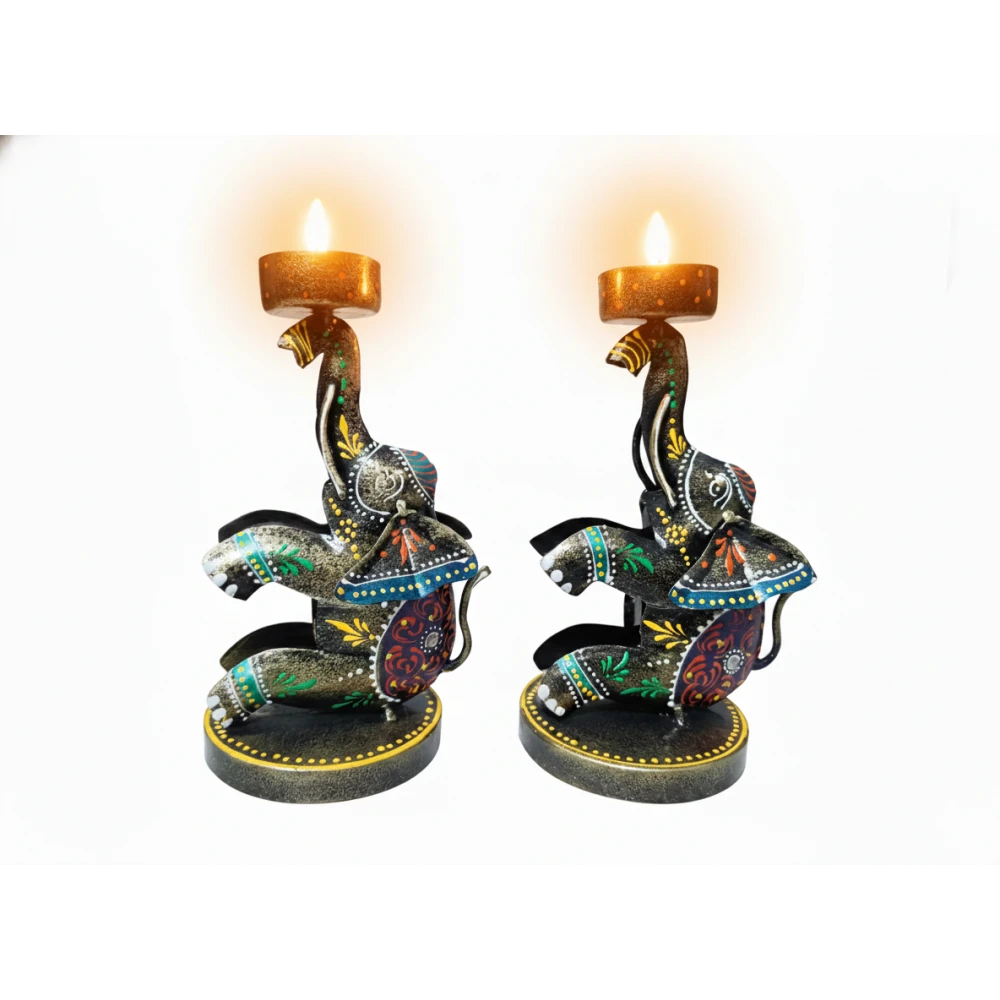 Handcrafted Iron Elephant Tea Light Candle Holder - Decorative Meenakari Painted Diya Stand for Home Decor & Gifting (Set Of 2)