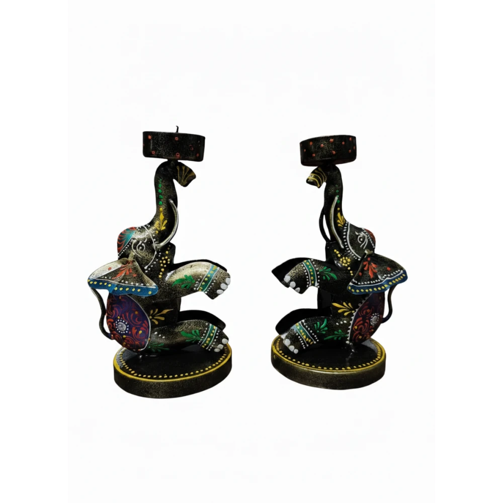 Handcrafted Iron Elephant Tea Light Candle Holder - Decorative Meenakari Painted Diya Stand for Home Decor & Gifting (Set Of 2)