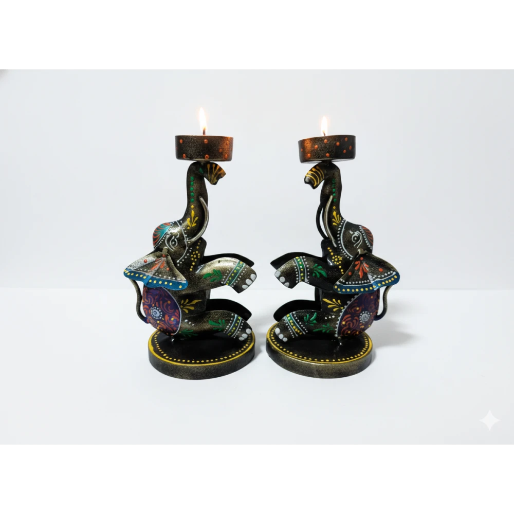 Handcrafted Iron Elephant Tea Light Candle Holder - Decorative Meenakari Painted Diya Stand for Home Decor & Gifting (Set Of 2)