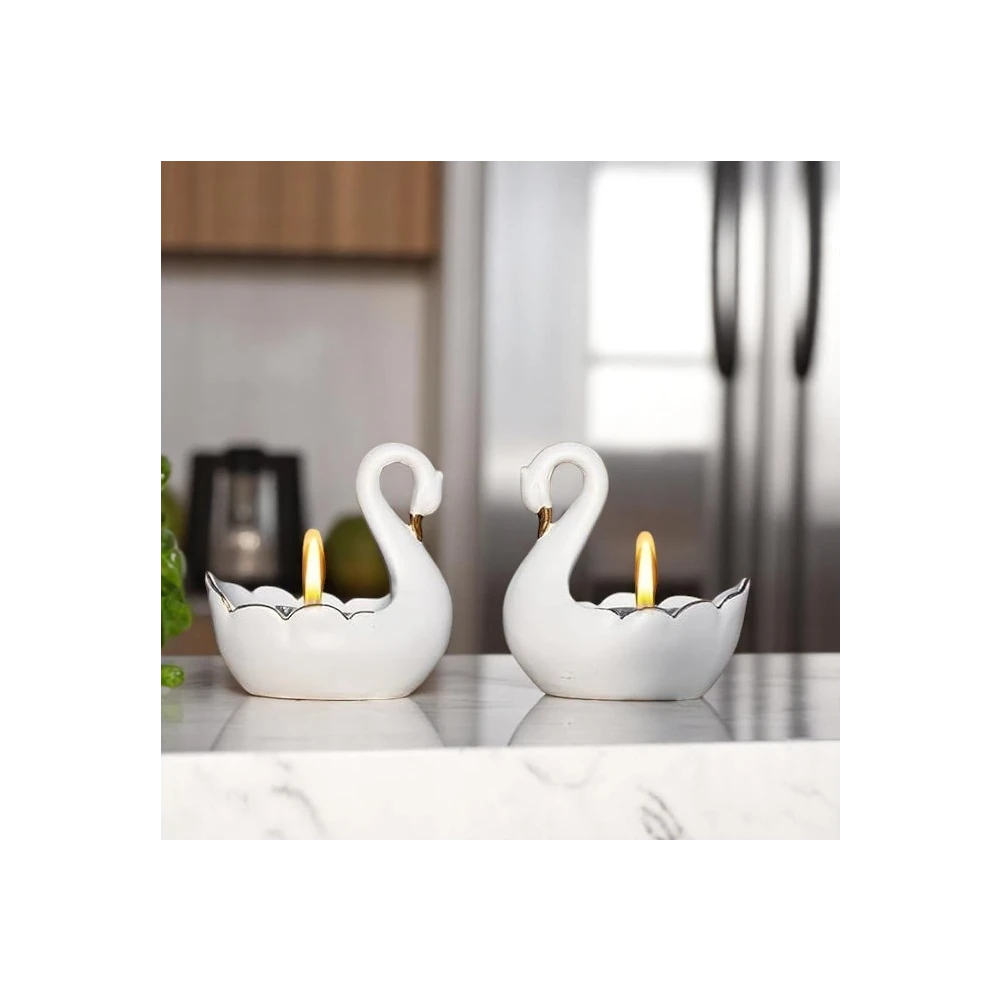 2 Pcs Handicrafts Resin Duck Tealight Candle Holder Statue Swan Light Stand Showpiece (11 X 11 X 7 CM,White)(Pack of 2)