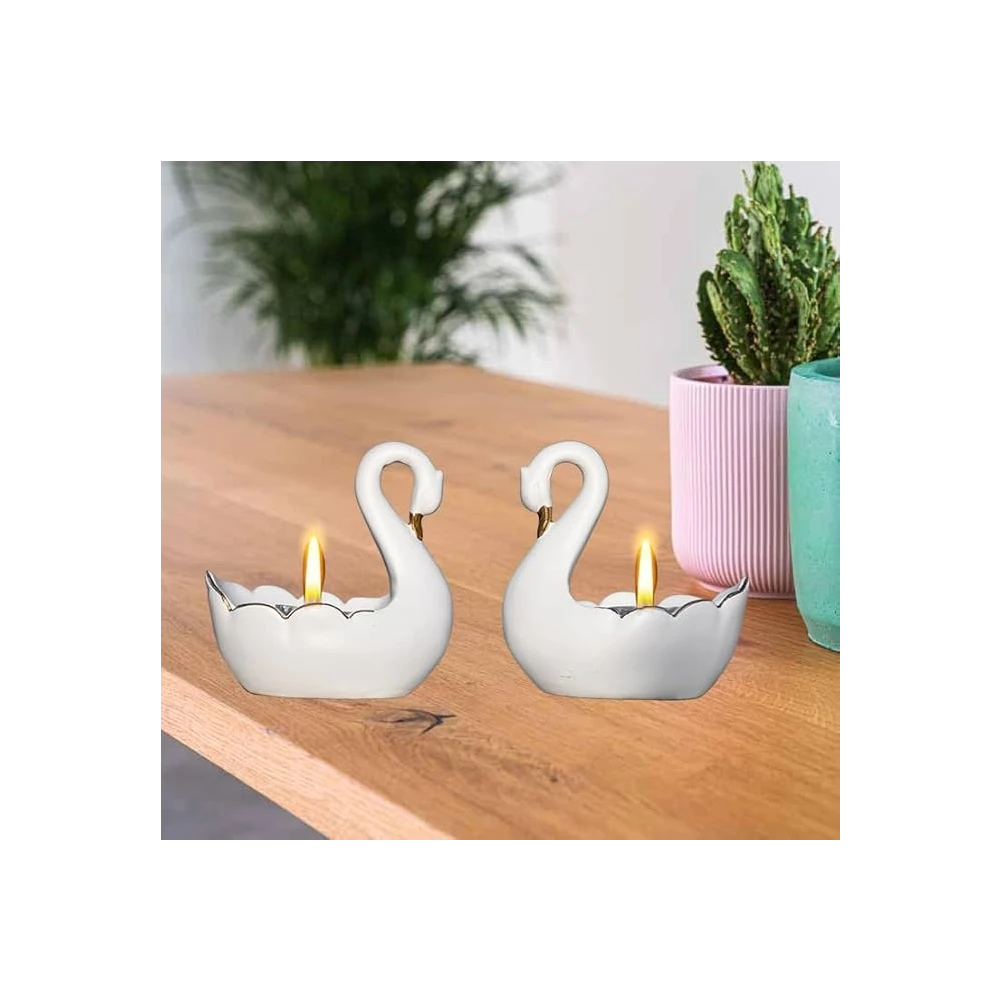2 Pcs Handicrafts Resin Duck Tealight Candle Holder Statue Swan Light Stand Showpiece (11 X 11 X 7 CM,White)(Pack of 2)