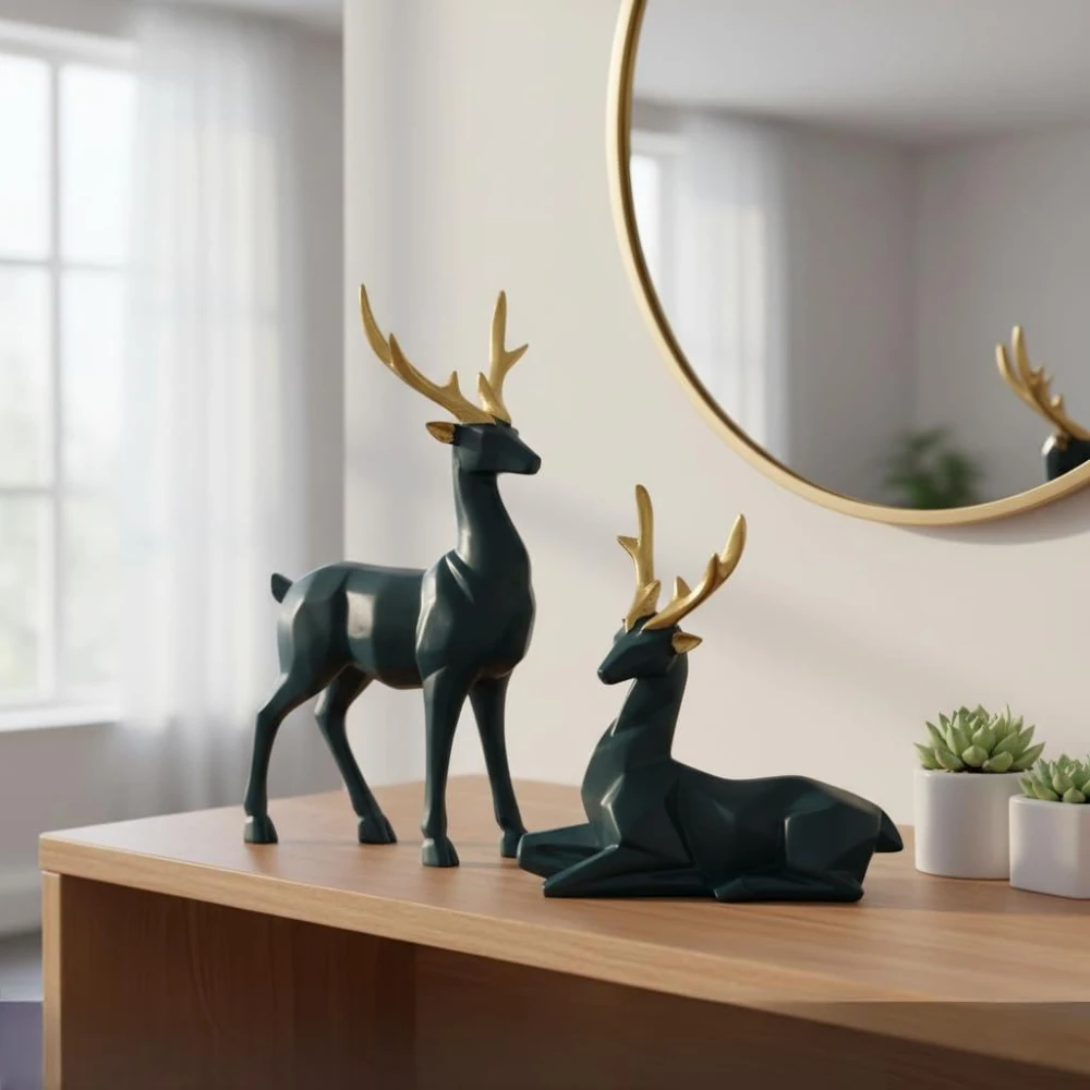 Luxurious Deer/Hiran Pair Showpiece for Home Decor, Modern Art Deer Statue Animal Figurine for Home Decor Living Room (Set of 2) | showpiece for gift desktop table ornaments office decor