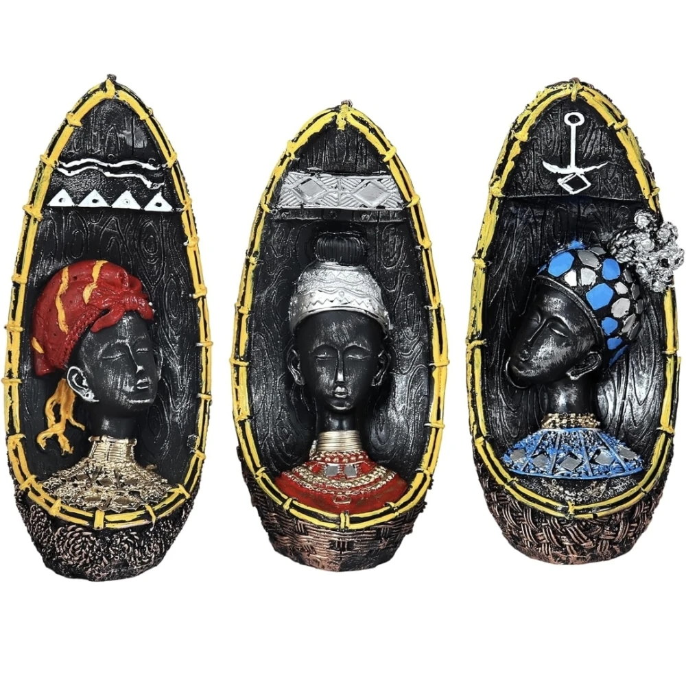 Set of 3 Multicolor Polyresin Handcrafted African Women Figurines Decorative Showpiece