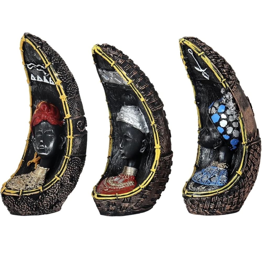 Set of 3 Multicolor Polyresin Handcrafted African Women Figurines Decorative Showpiece
