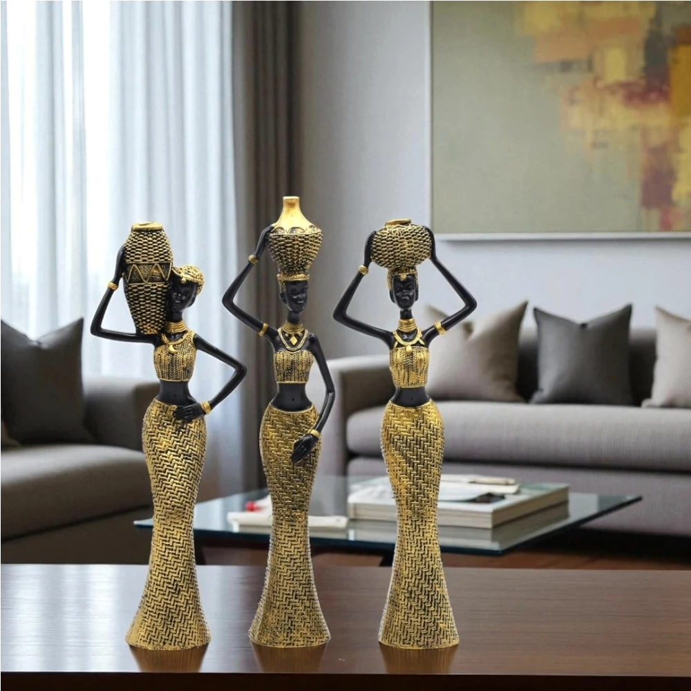 Poly resin Hand Crafted African Lady Set Of 3 | | Modern art Sculpture | Decorative Show piece For Home Decor | Office Decor | Bed room décor | Table Top | Living room décor Ideal For Gifting