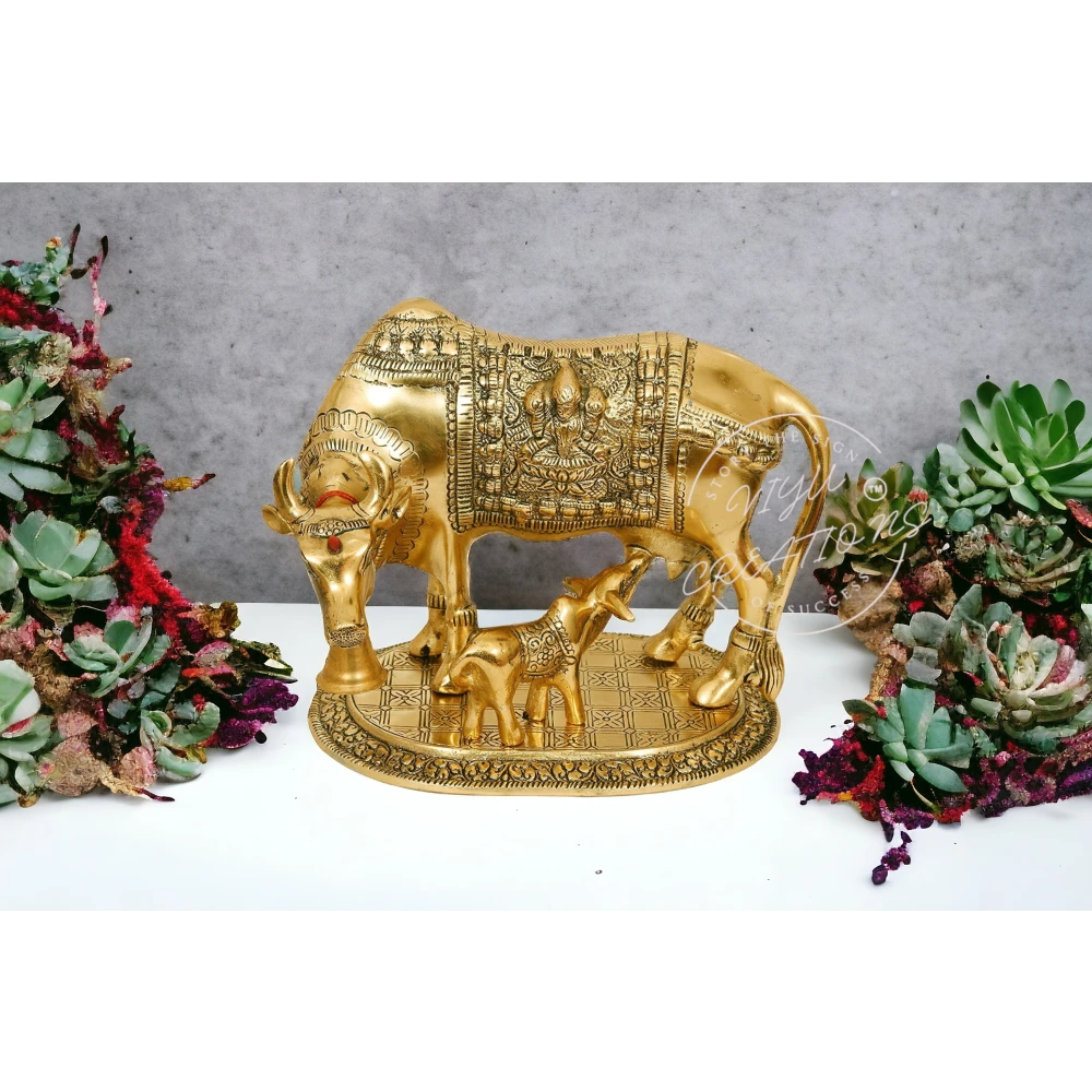 Metal Kamdhenu Cow and Calf Idol Gold