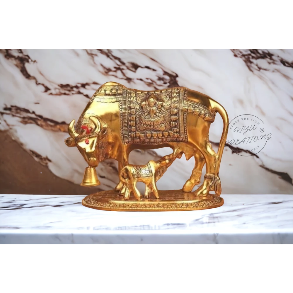 Metal Kamdhenu Cow and Calf Idol Gold