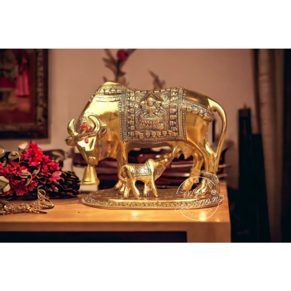 Metal Kamdhenu Cow and Calf Idol Gold