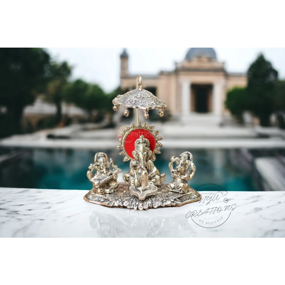 Metal Musical Ganesh with Instrument Set on Leaf