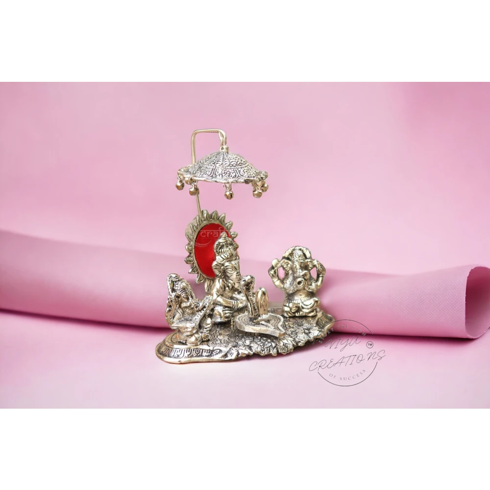 Metal Musical Ganesh with Instrument Set on Leaf