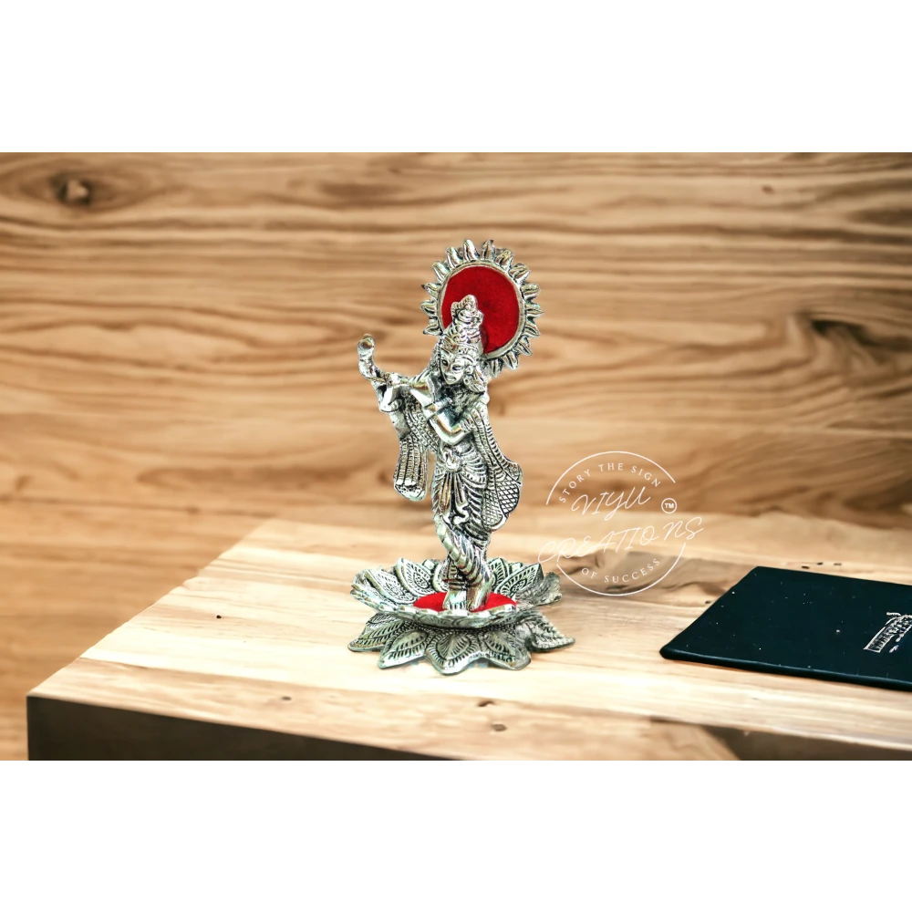 White Metal Lord Krishna with Flute on Flower