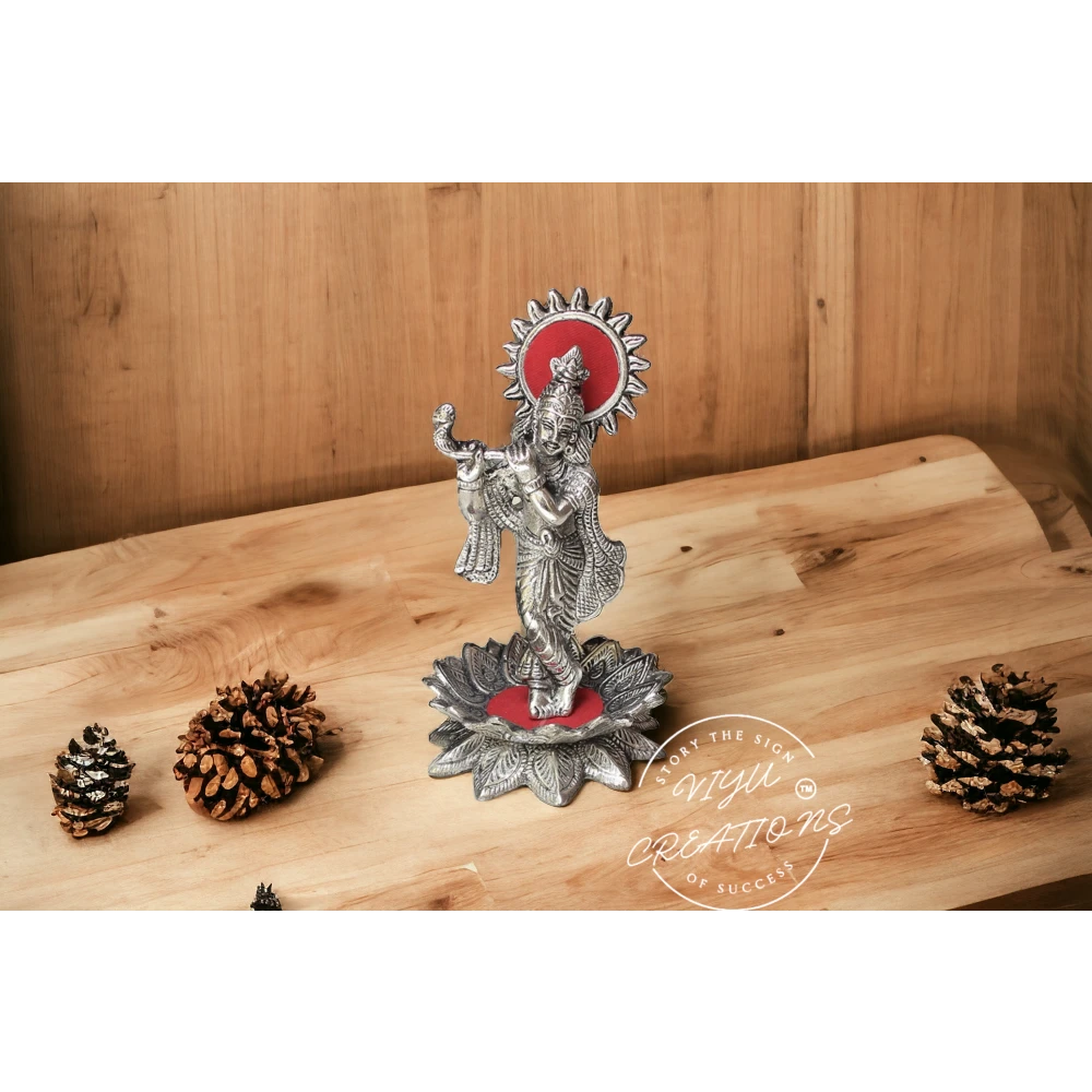 White Metal Lord Krishna with Flute on Flower