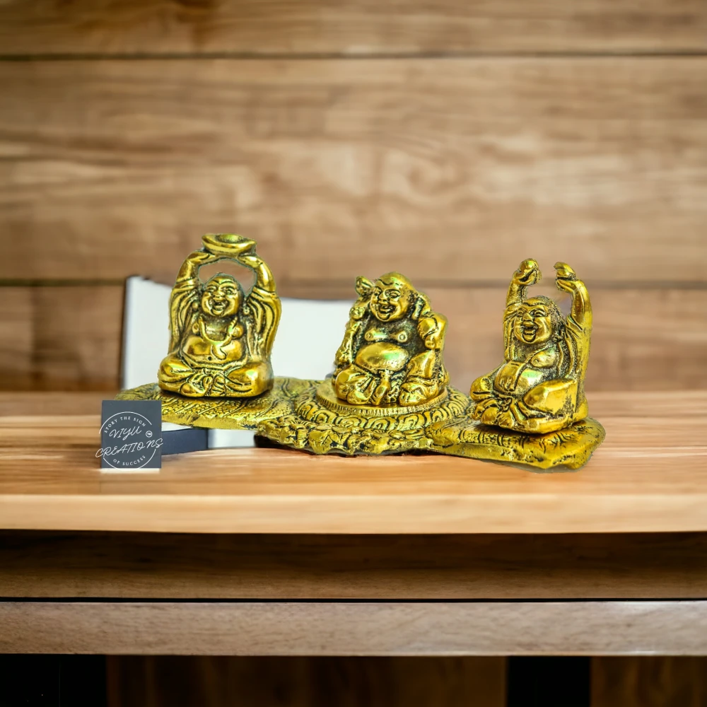 Metal Laughing Buddha Set On Leaf