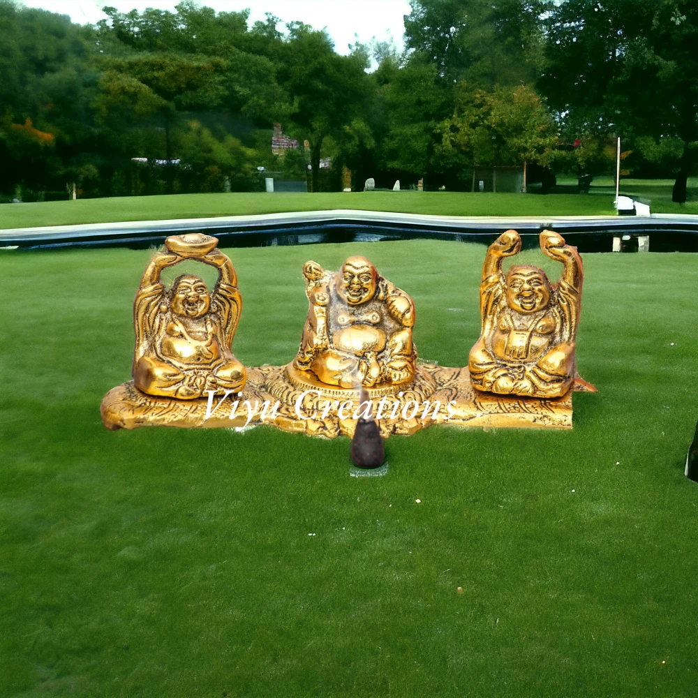 Metal Laughing Buddha Set On Leaf