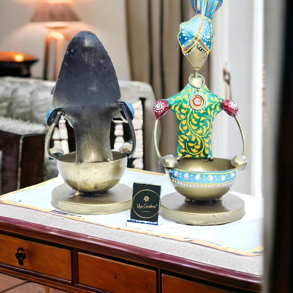 Iron Tribal Couple Tealight Candle Holder Set Human Stand Lighting Lamp Showpiece