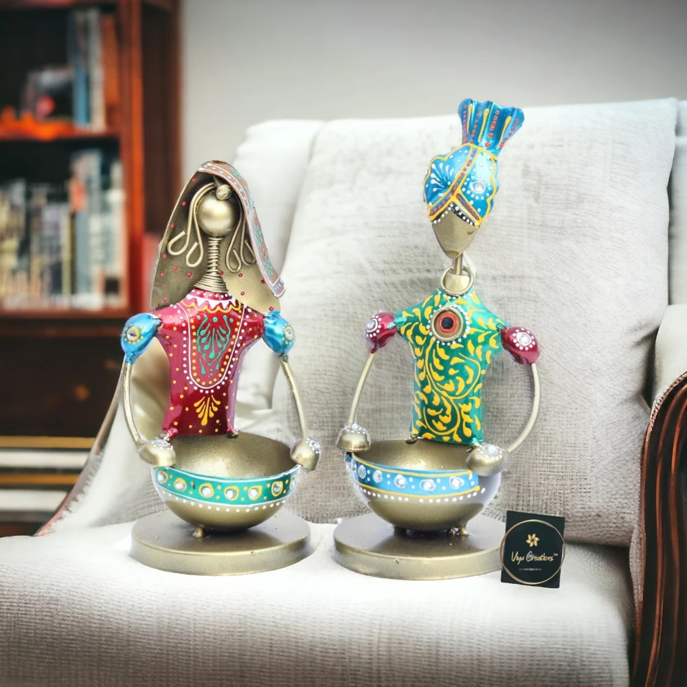 Iron Tribal Couple Tealight Candle Holder Set Human Stand Lighting Lamp Showpiece