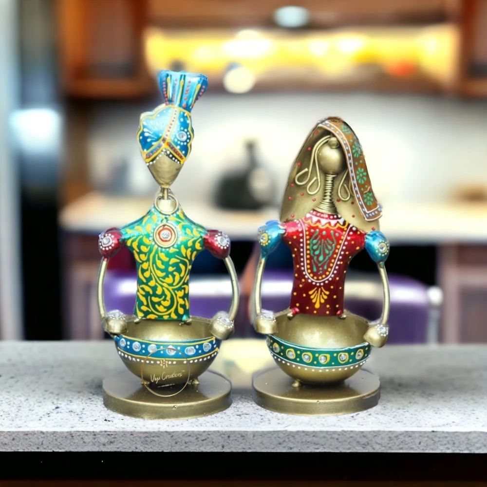 Iron Tribal Couple Tealight Candle Holder Set Human Stand Lighting Lamp Showpiece