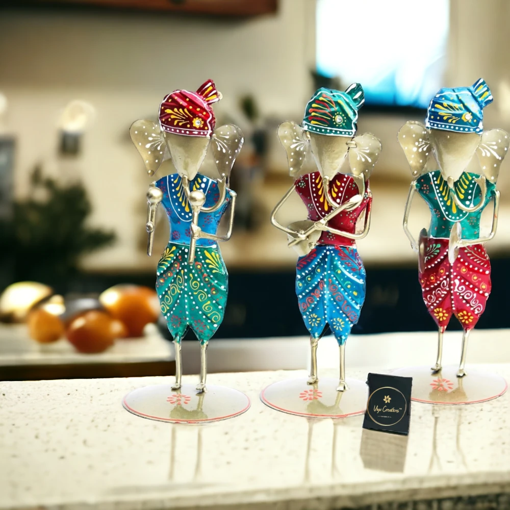 Iron Tribal Musician Ganesha Doll Ganpati Statue Gift Item Showpiece for Home Decor (25 inch, Set of 3)