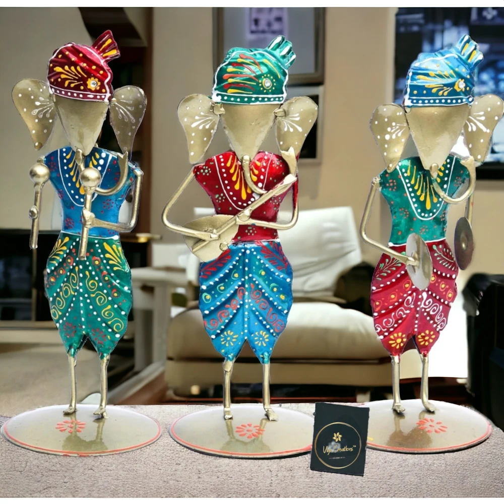 Iron Tribal Musician Ganesha Doll Ganpati Statue Gift Item Showpiece for Home Decor (25 inch, Set of 3)