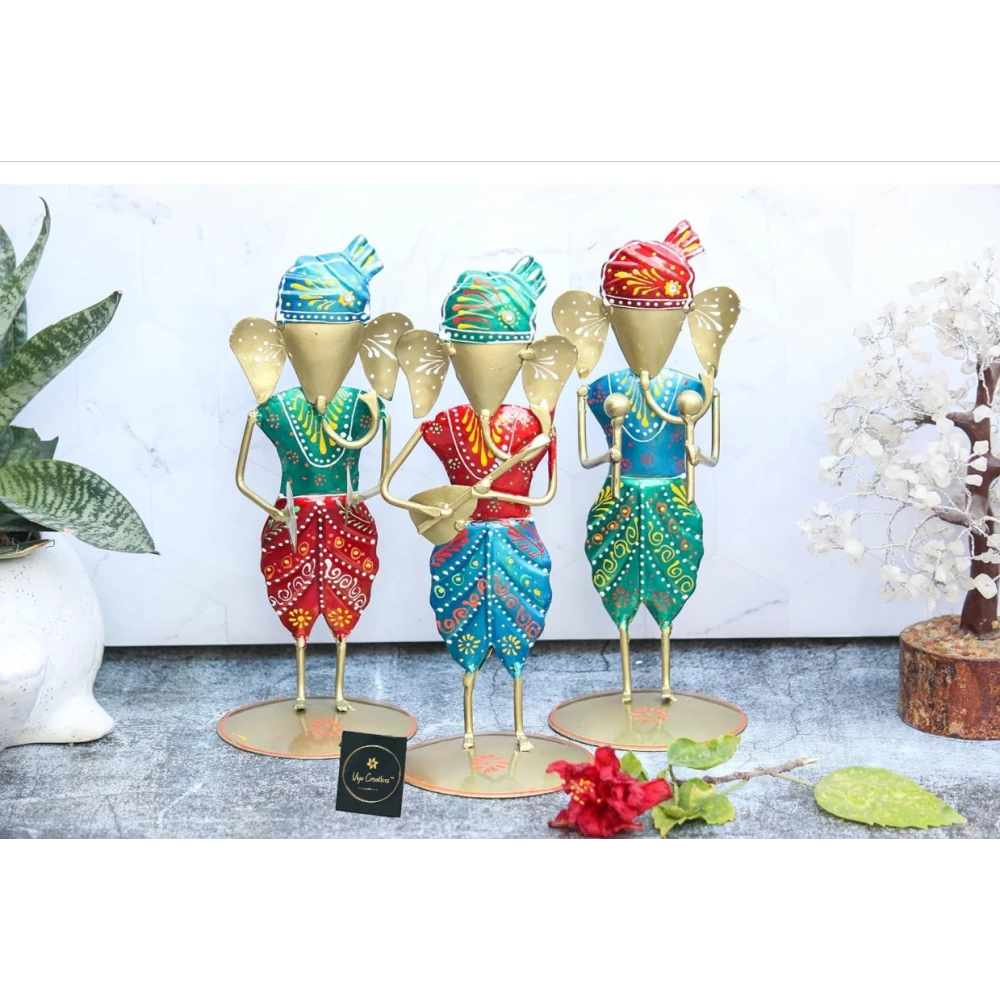 Iron Tribal Musician Ganesha Doll Ganpati Statue Gift Item Showpiece for Home Decor (25 inch, Set of 3)
