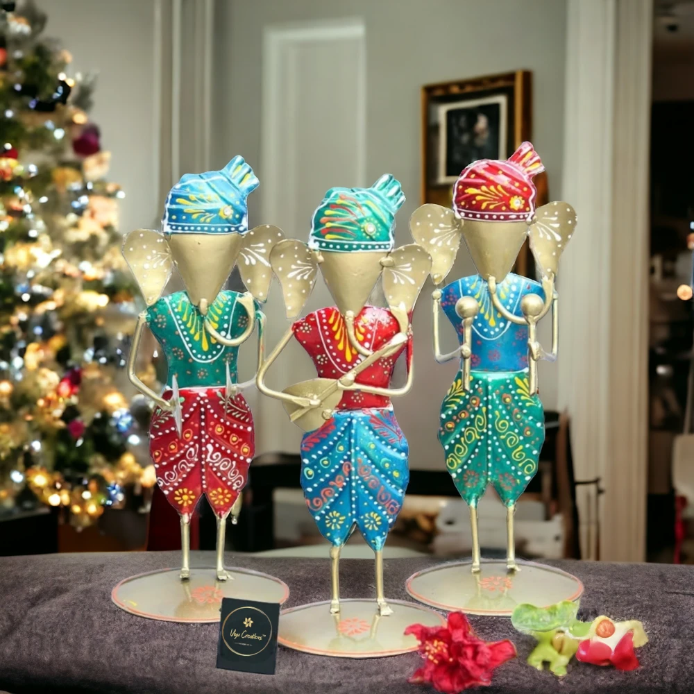 Iron Tribal Musician Ganesha Doll Ganpati Statue Gift Item Showpiece for Home Decor (25 inch, Set of 3)