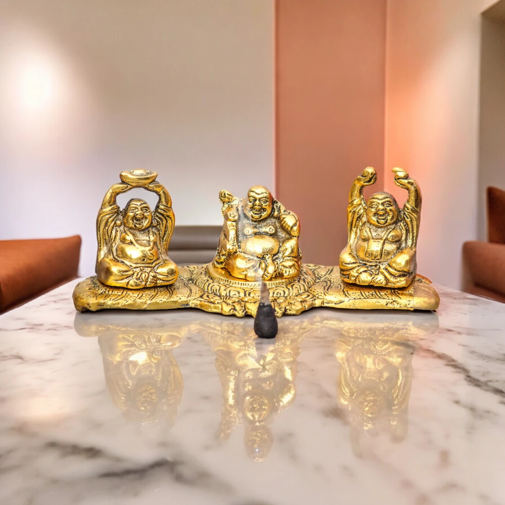 Metal Laughing Buddha Set On Leaf