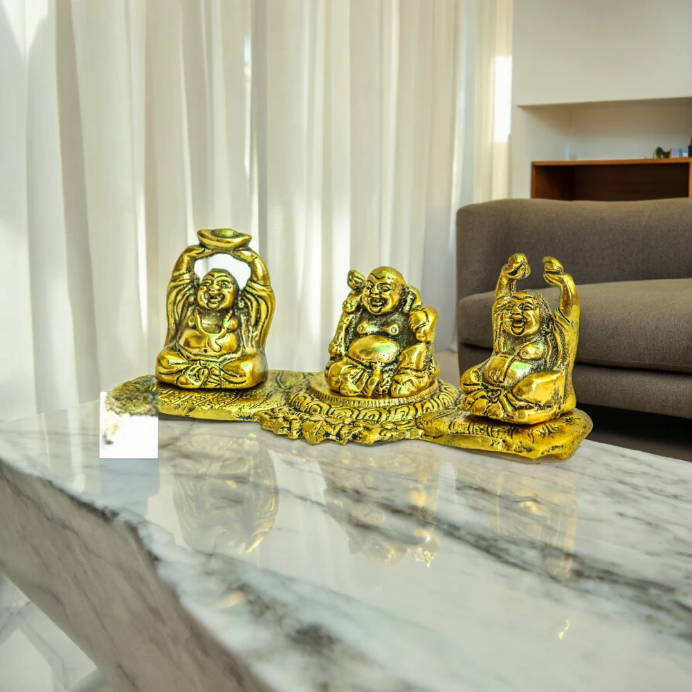 Metal Laughing Buddha Set On Leaf