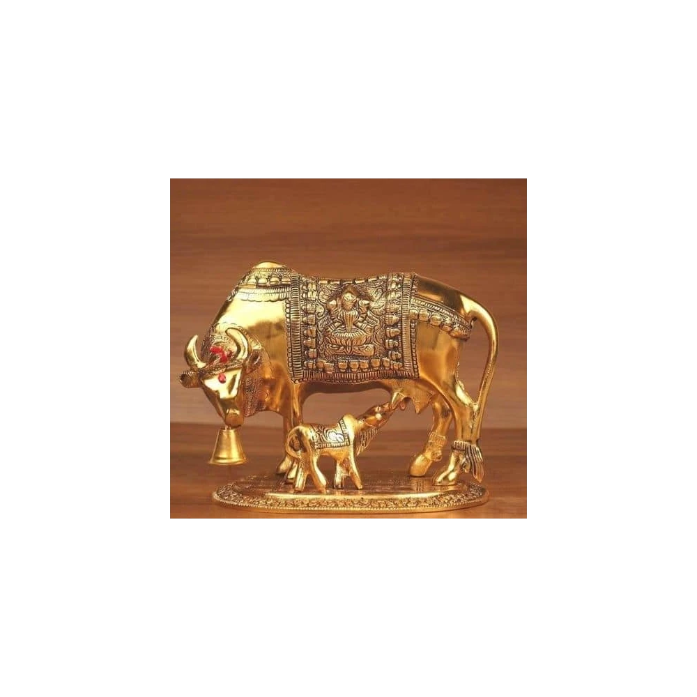 Metal Kamdhenu Cow and Calf Idol Gold