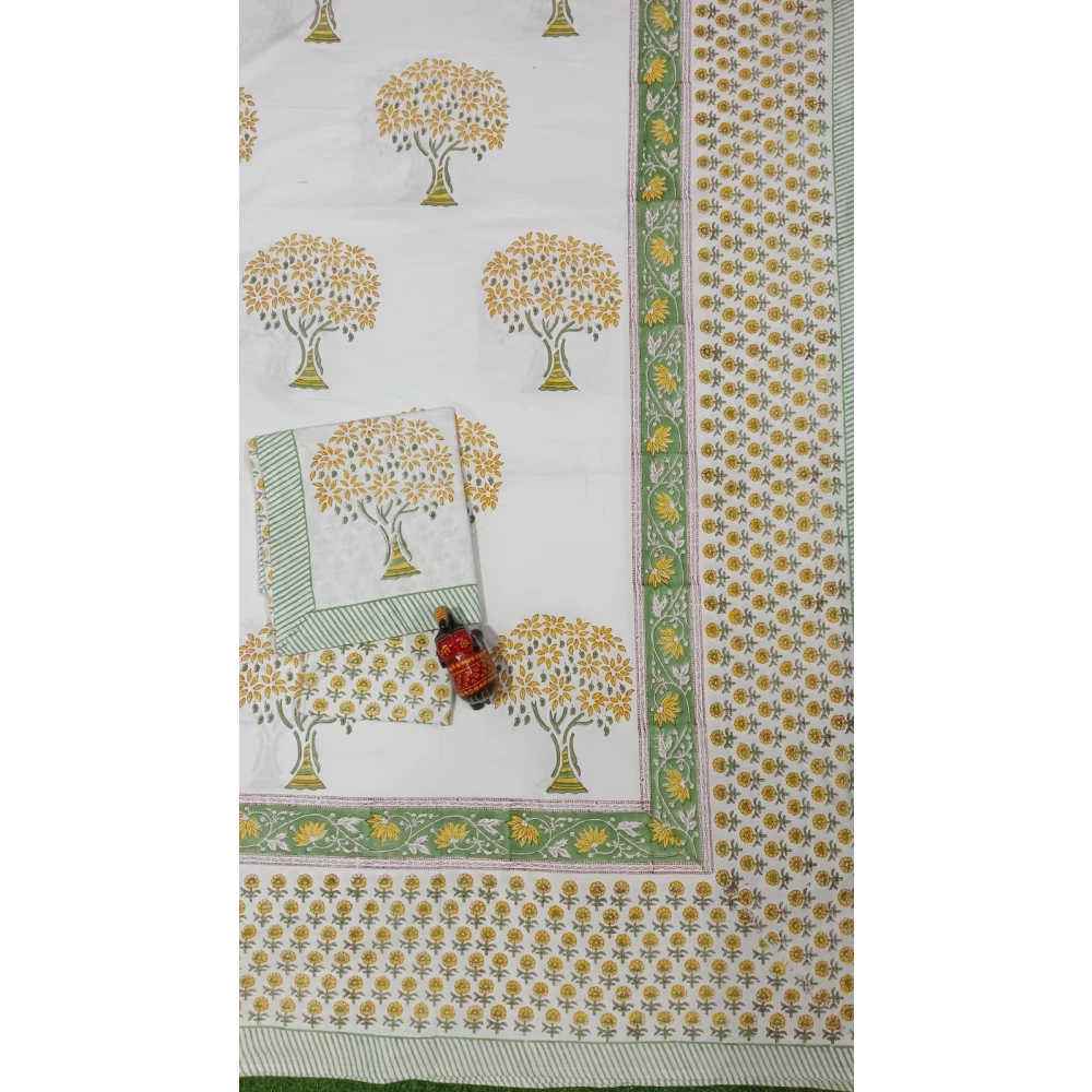 Handblock-Style Percale Cotton Bedsheet with Two Coordinated Pillow Covers