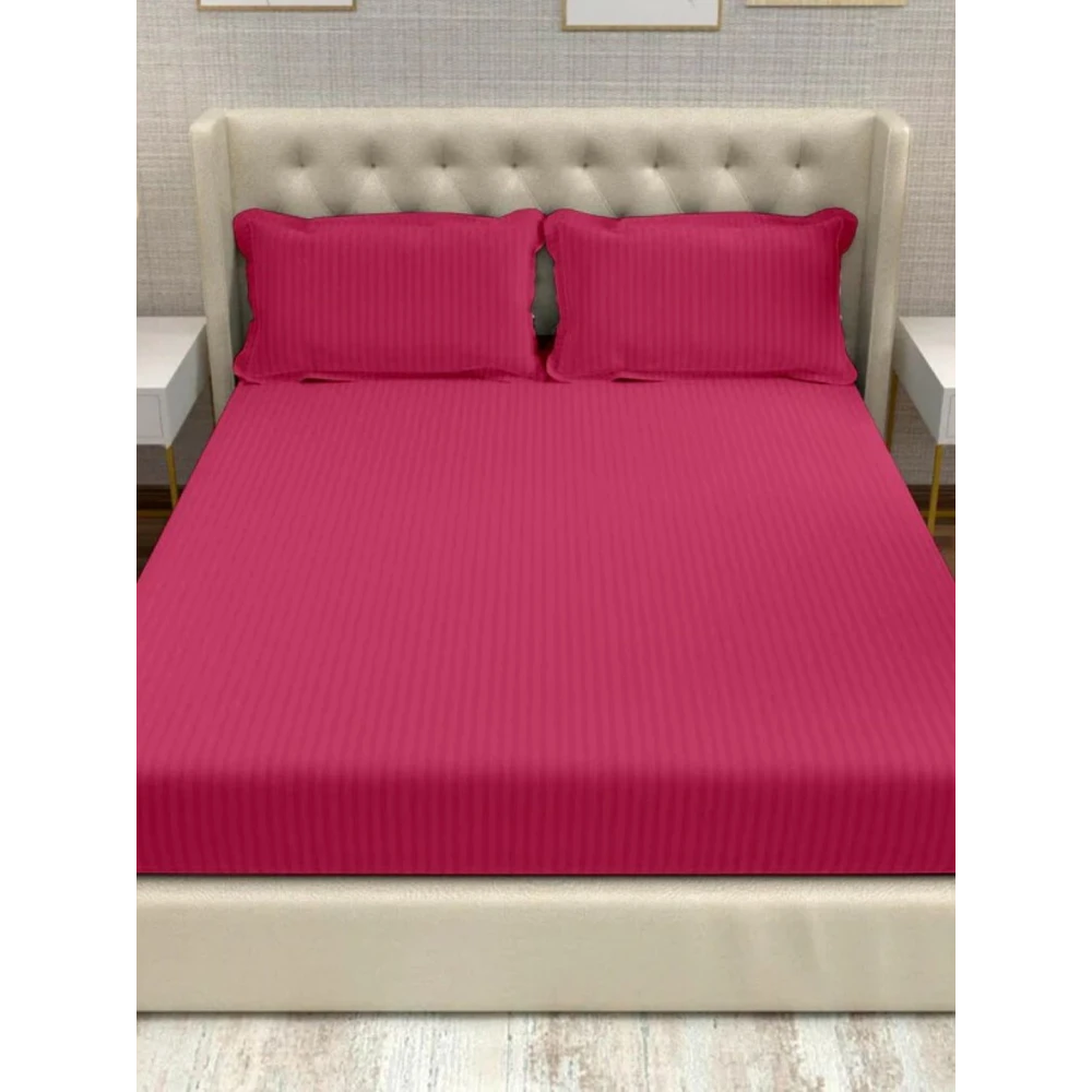 Dark Pink Polycotton Striped Bedsheet with 2 pillow covers