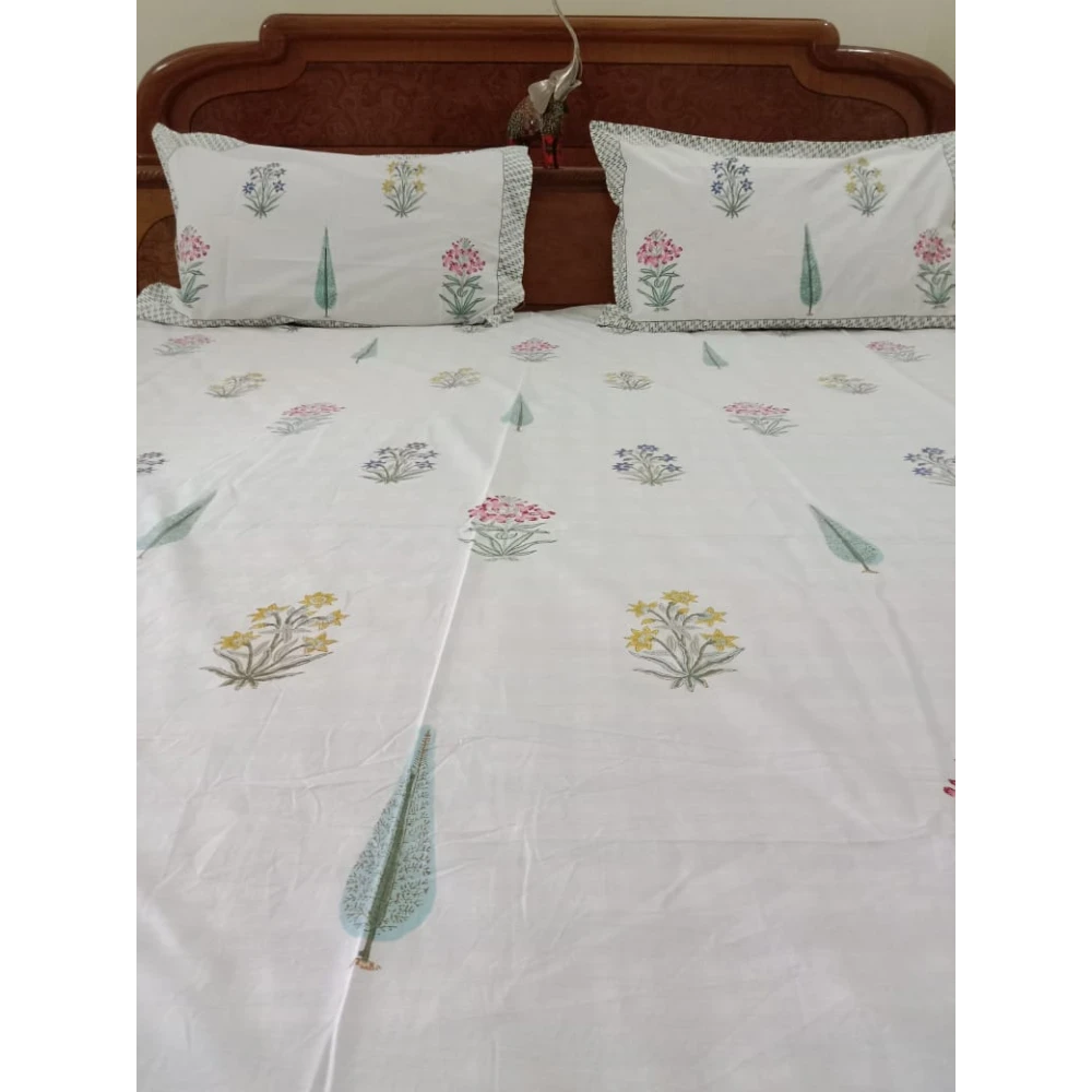 Handblock Percale Cotton Bedsheet Set (Includes 2 Pillow Covers)