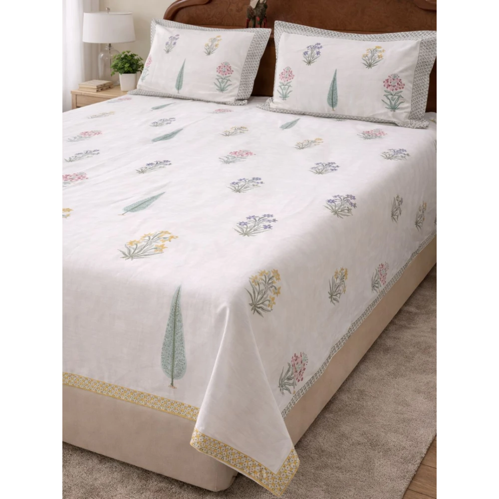Handblock Percale Cotton Bedsheet Set (Includes 2 Pillow Covers)
