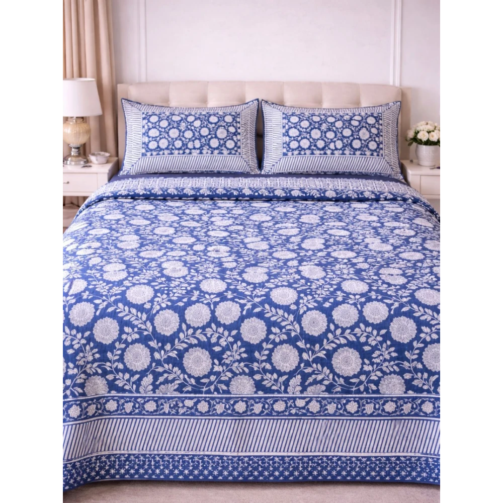 Handblock Percale Cotton Bedsheet with 2 pillow covers (Multicolor)