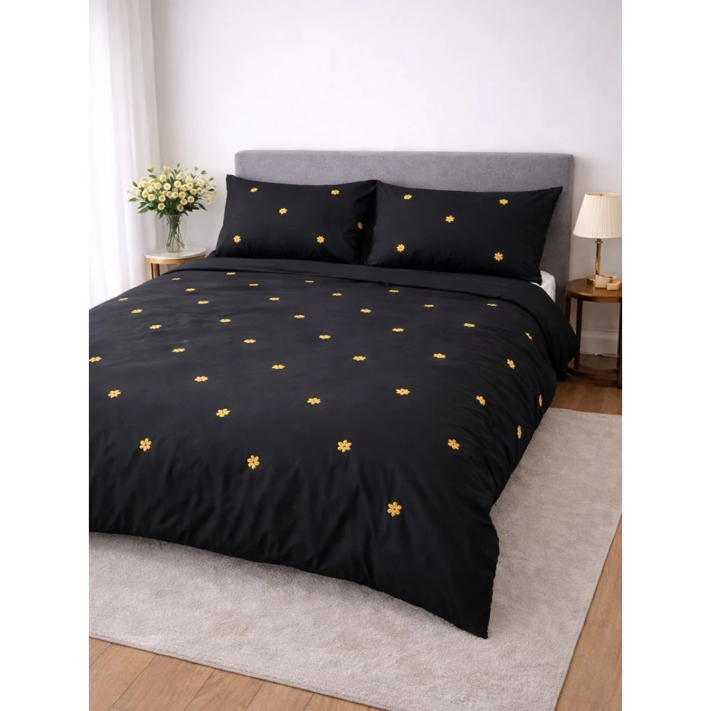 Embroided Cotton Bedsheet with 2 pillow covers (Black)