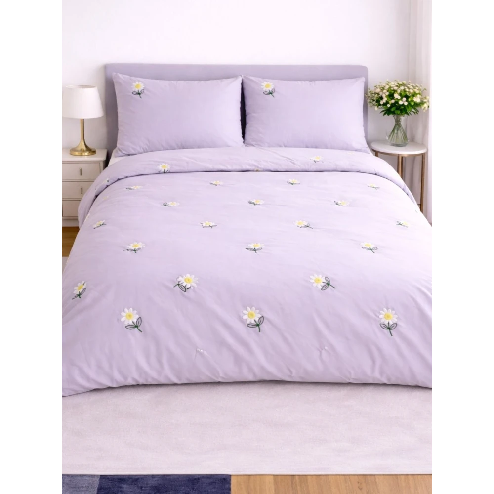 Embroided Cotton Bedsheet with 2 pillow covers (Purple)