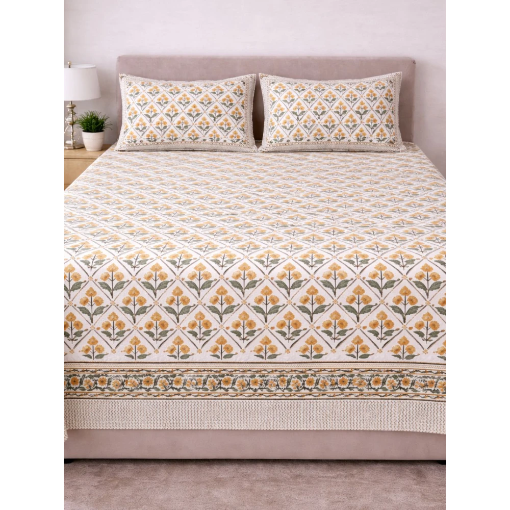 Traditional Handblock Percale Cotton Bedsheet with a Set of Two Pillow Covers