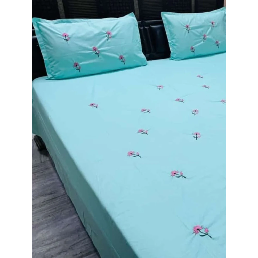 Embroided Cotton Bedsheet with 2 pillow covers in Blue color