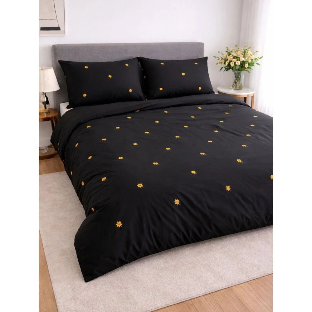 Embroided Cotton Bedsheet with 2 pillow covers (Black)