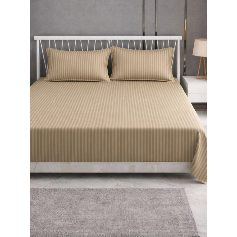 Beige Polycotton Striped Bedsheet with 2 pillow covers