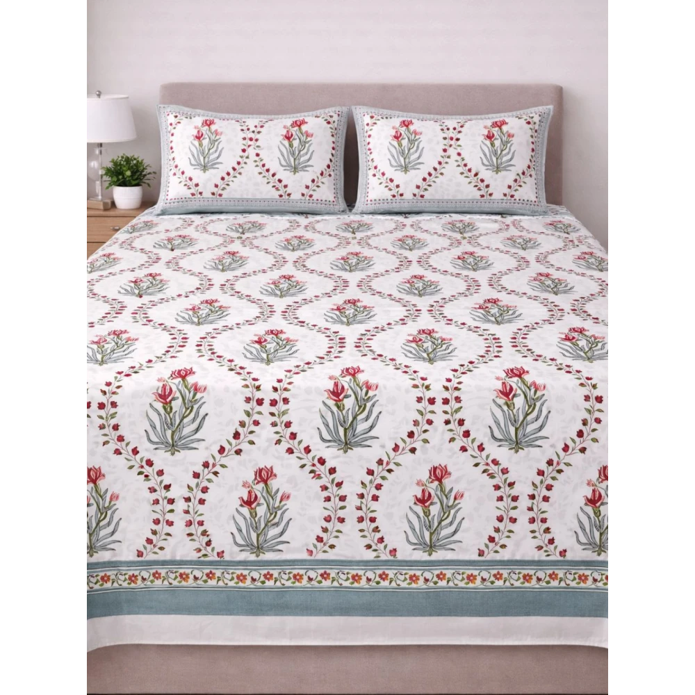Handblock-Printed Percale Cotton Bedsheet Set with Two Pillow Covers