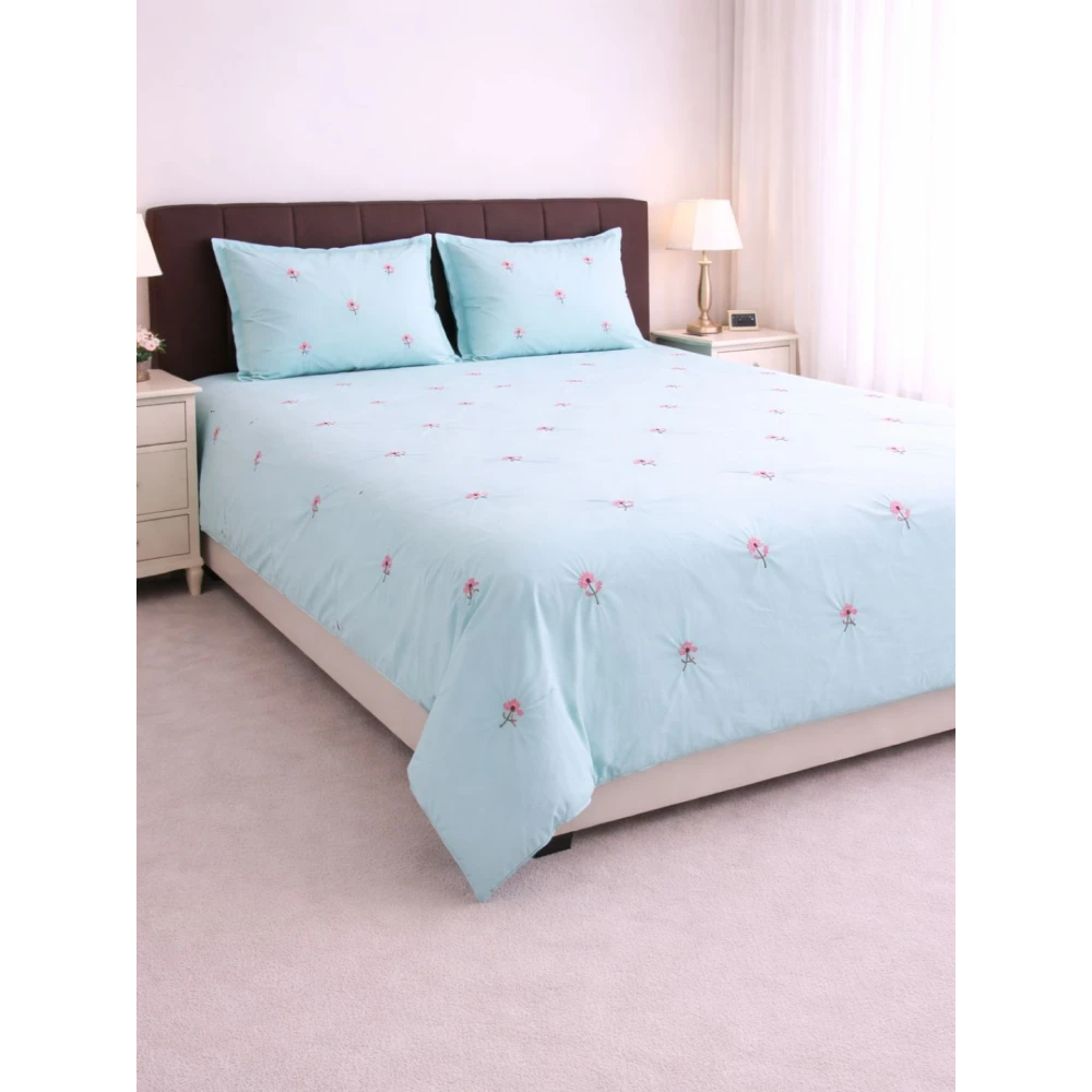 Embroided Cotton Bedsheet with 2 pillow covers in Blue color