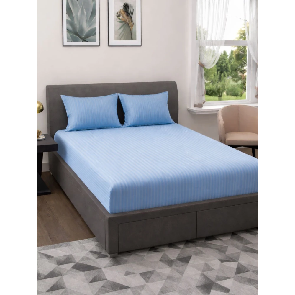 Sky Blue Polycotton Striped Bedsheet with 2 pillow covers