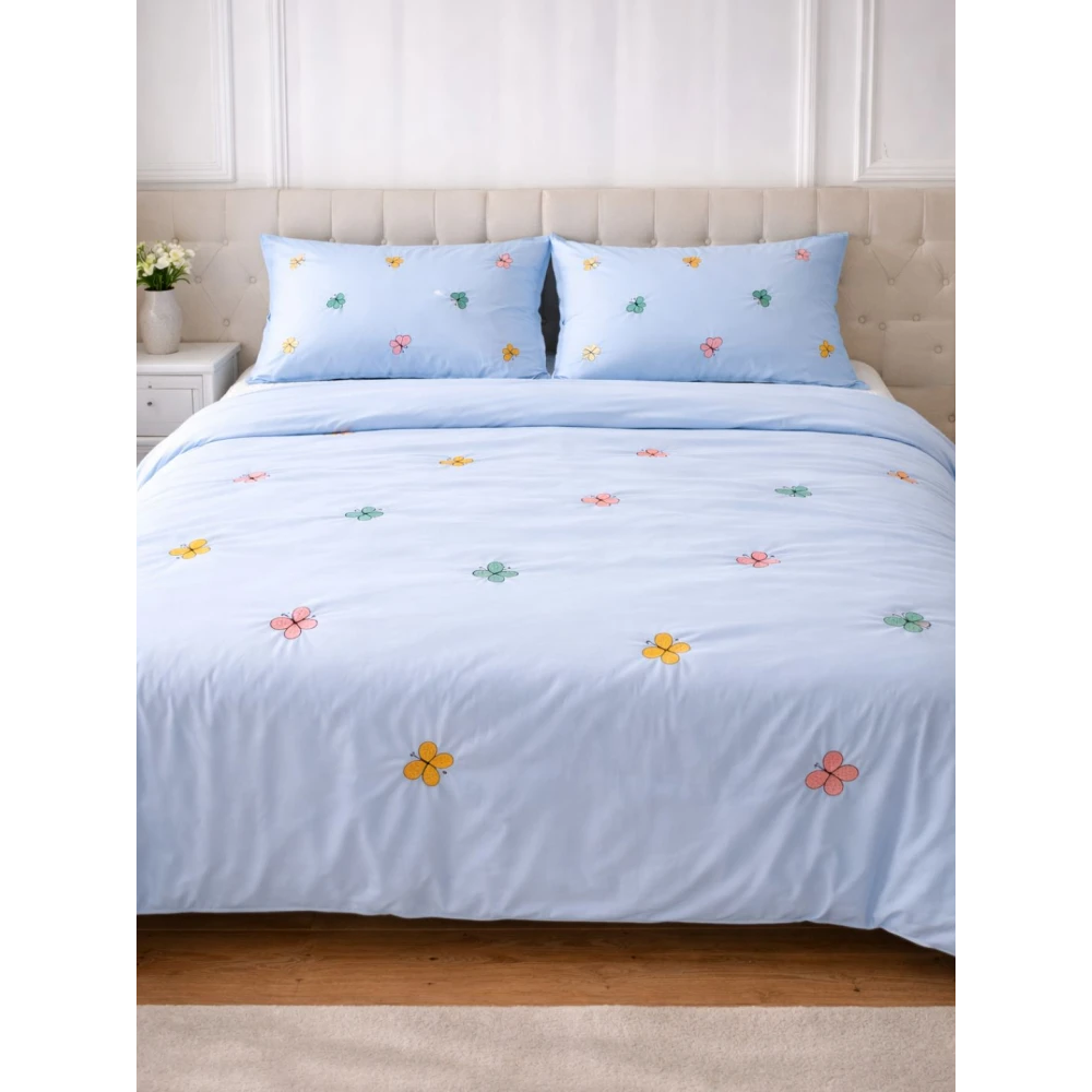 Embroided Cotton Bedsheet with 2 pillow covers (Blue)