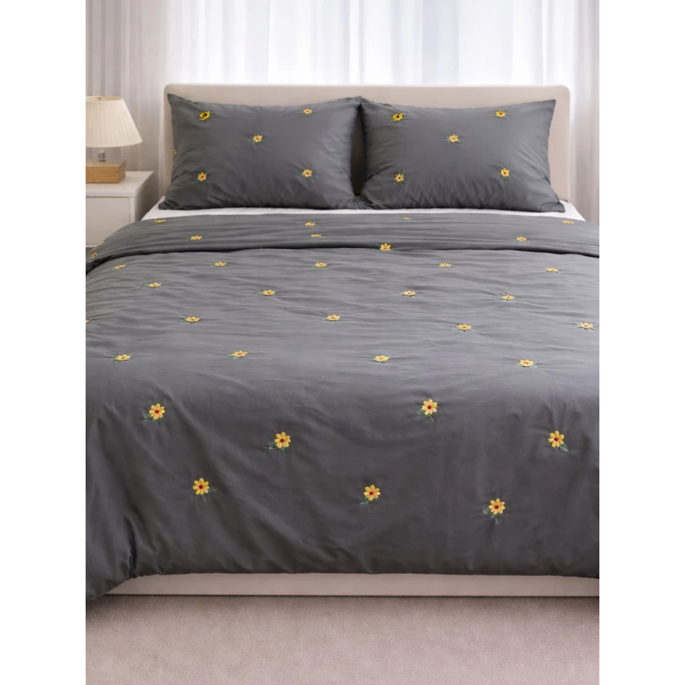 Embroided Cotton Bedsheet with 2 pillow covers (Gray)