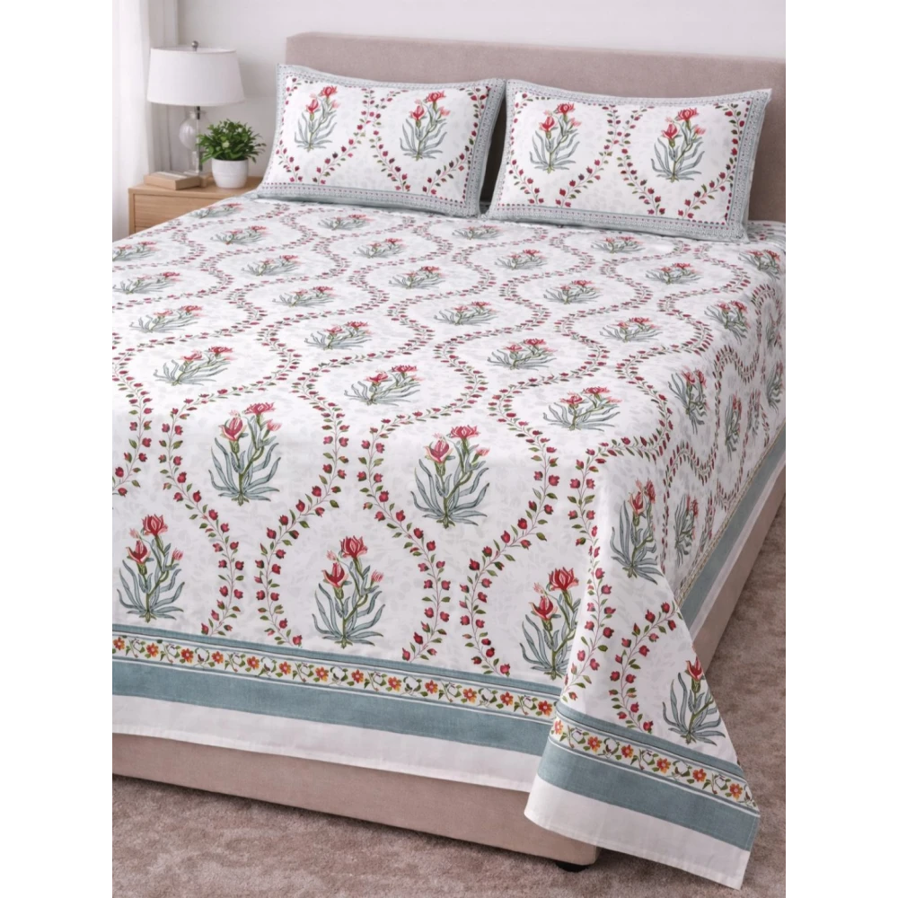Handblock-Printed Percale Cotton Bedsheet Set with Two Pillow Covers